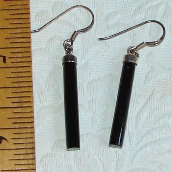 Vtg Sterling Silver Dangle EARRINGS, Black Onyx Cylinder, Signed JC, D31 - Picture 1 of 6